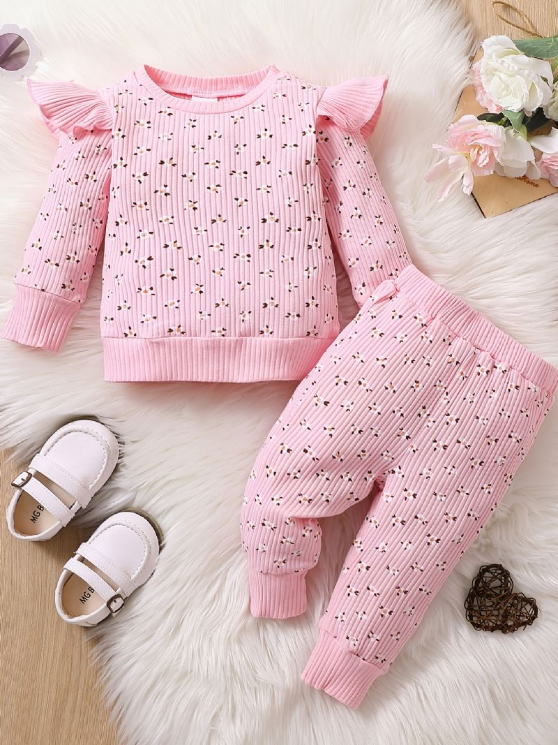 Piger Blomster Flæse Pullover Sweatshirt + Bukser Sæt Outfit Babytøj