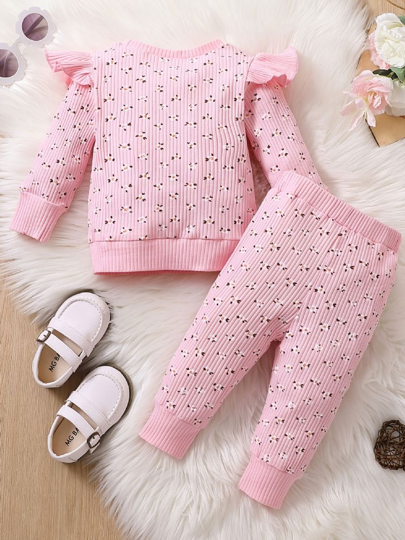 Piger Blomster Flæse Pullover Sweatshirt + Bukser Sæt Outfit Babytøj