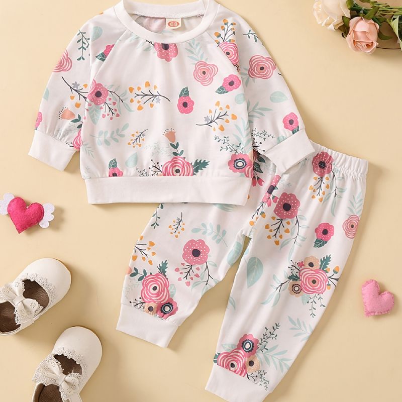 Piger Blomsterprint Langærmet Sweatshirt + Bukser Sæt Nyfødte Babytøj Outfits