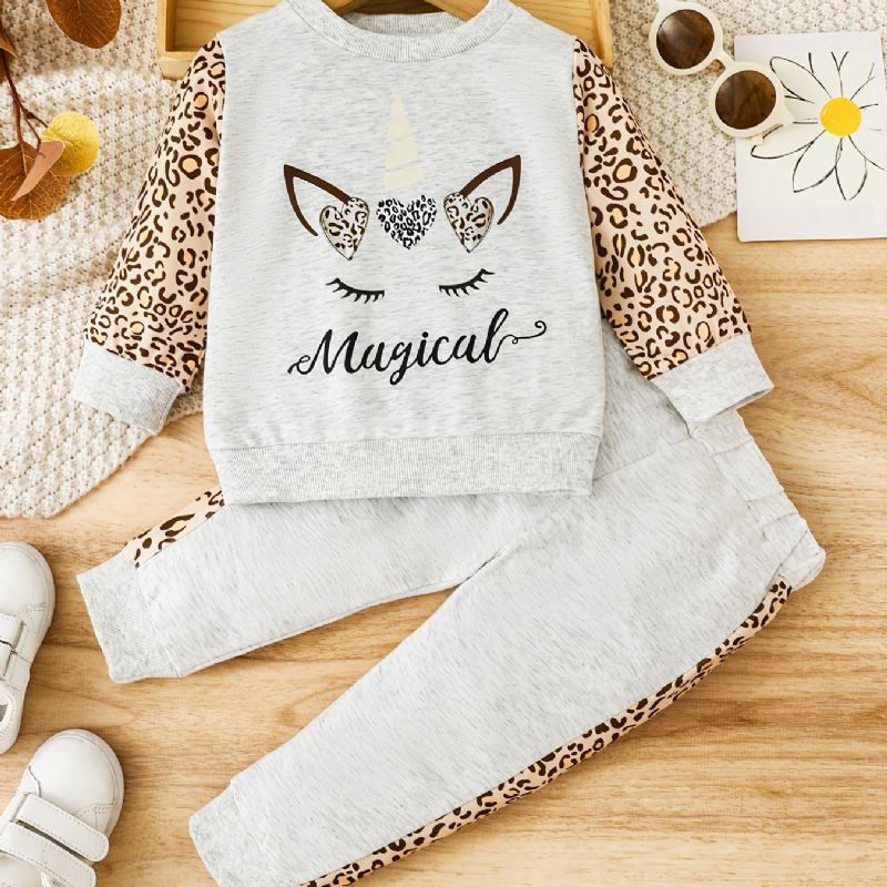 Piger Casual Leopard Unicorn Print Sæt Med Color Block Pullover Sweatshirt & Sweatpants