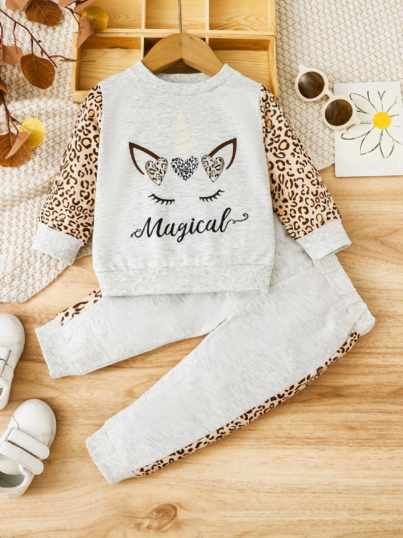 Piger Casual Leopard Unicorn Print Sæt Med Color Block Pullover Sweatshirt & Sweatpants