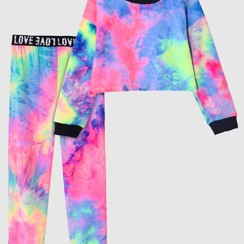 Piger Casual Tie Dye Print Sæt Med Langærmet Kort Pullover Sweatshirt & Sweatpants Sæt