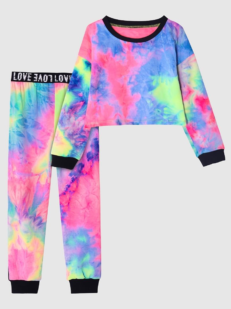 Piger Casual Tie Dye Print Sæt Med Langærmet Kort Pullover Sweatshirt & Sweatpants Sæt