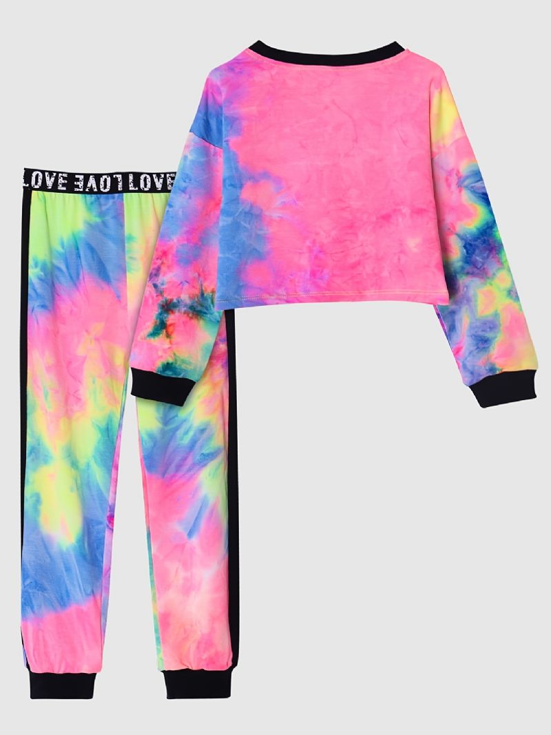 Piger Casual Tie Dye Print Sæt Med Langærmet Kort Pullover Sweatshirt & Sweatpants Sæt