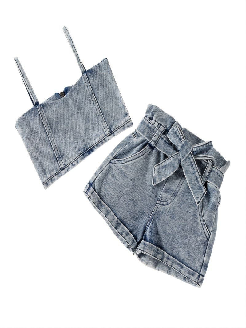 Piger Denim Lynlås Seler Cropped Top & Shorts & Bælte 3-delt Sæt