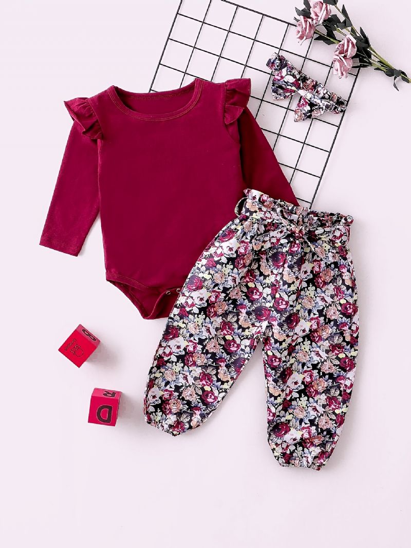 Piger Flæseskulder Langærmet Romper Bodysuit + Blomsterprint Bukser + Pandebånd Sæt Babytøj