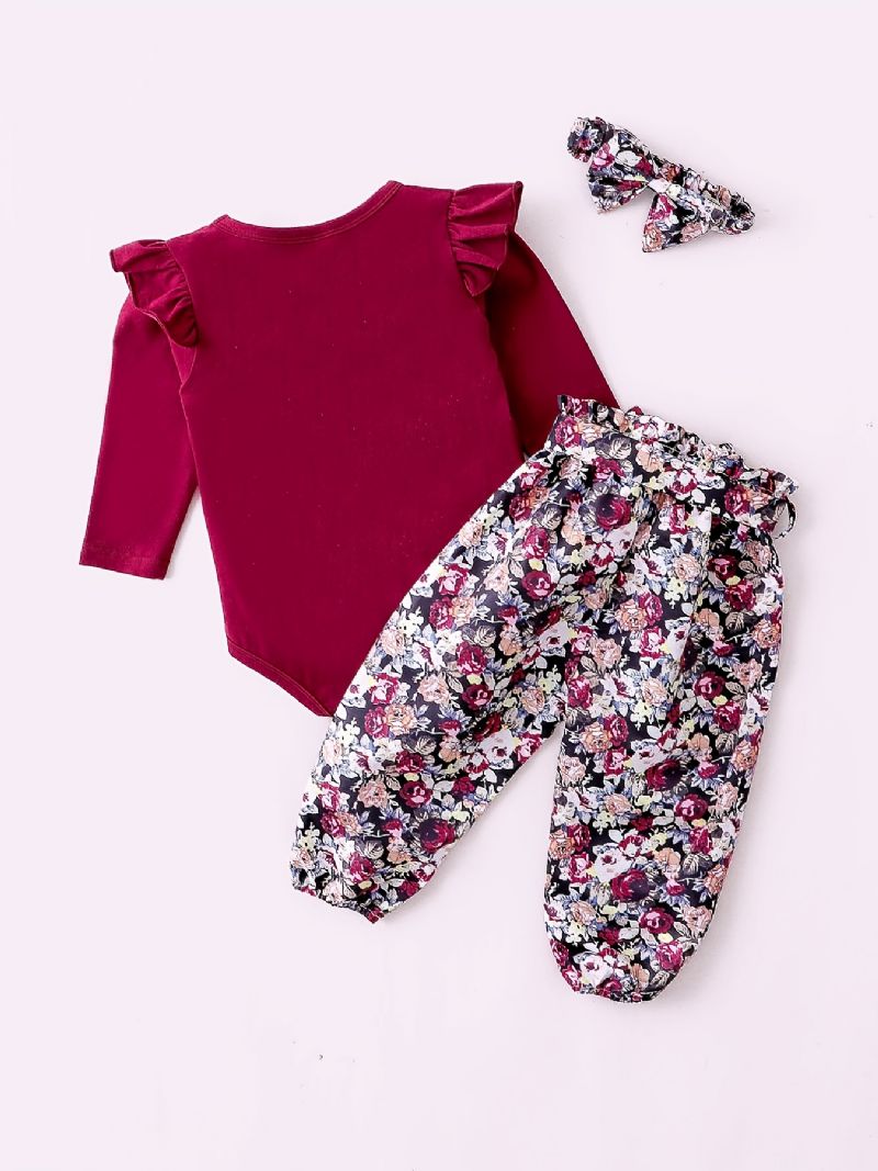 Piger Flæseskulder Langærmet Romper Bodysuit + Blomsterprint Bukser + Pandebånd Sæt Babytøj