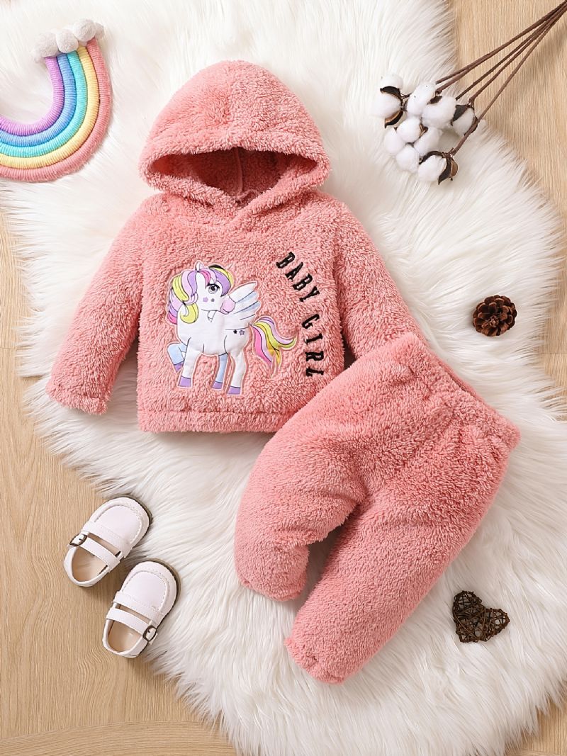 Piger Fleece Unicorn Broderet Pullover Hættetrøje + Bukser Sæt Babytøj Til Vinter