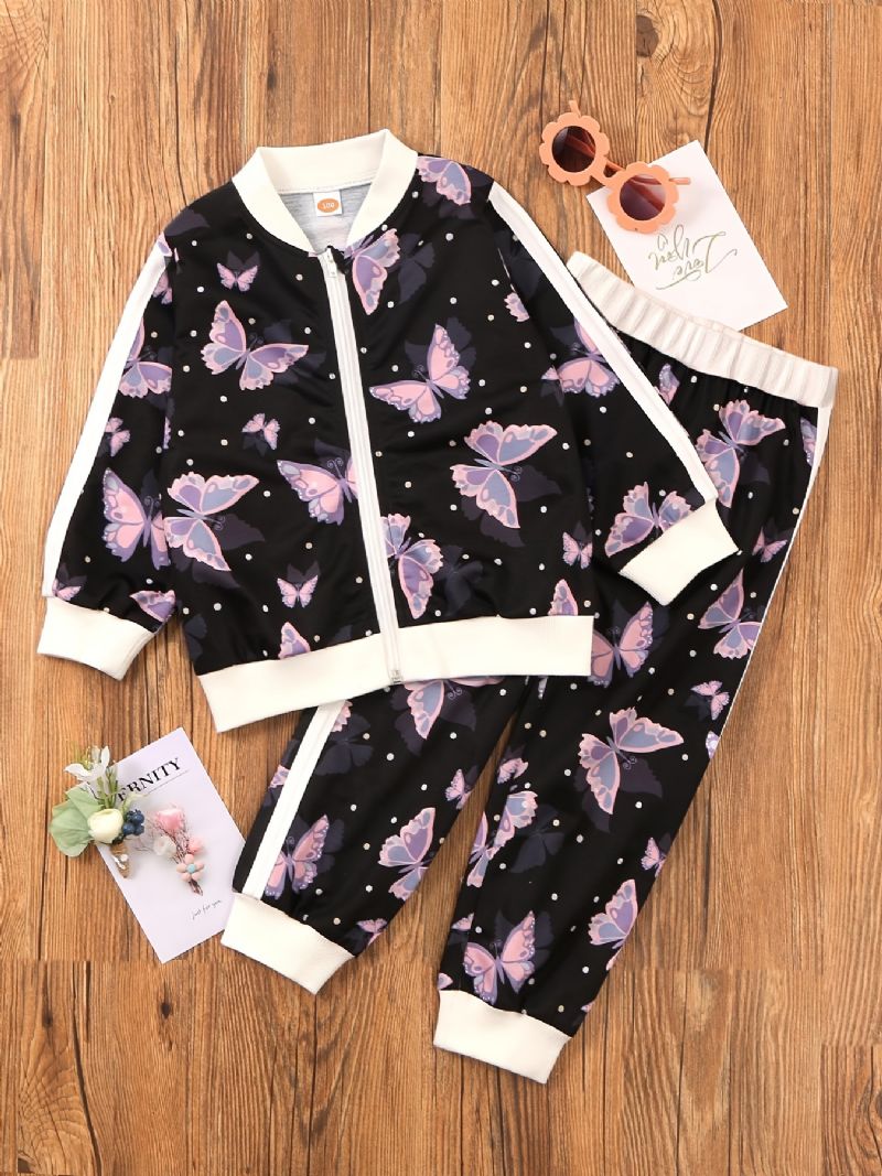 Piger Flower Butterfly Print Langærmet Lynlås Cardigan Jakke & Bukser Casual Sæt