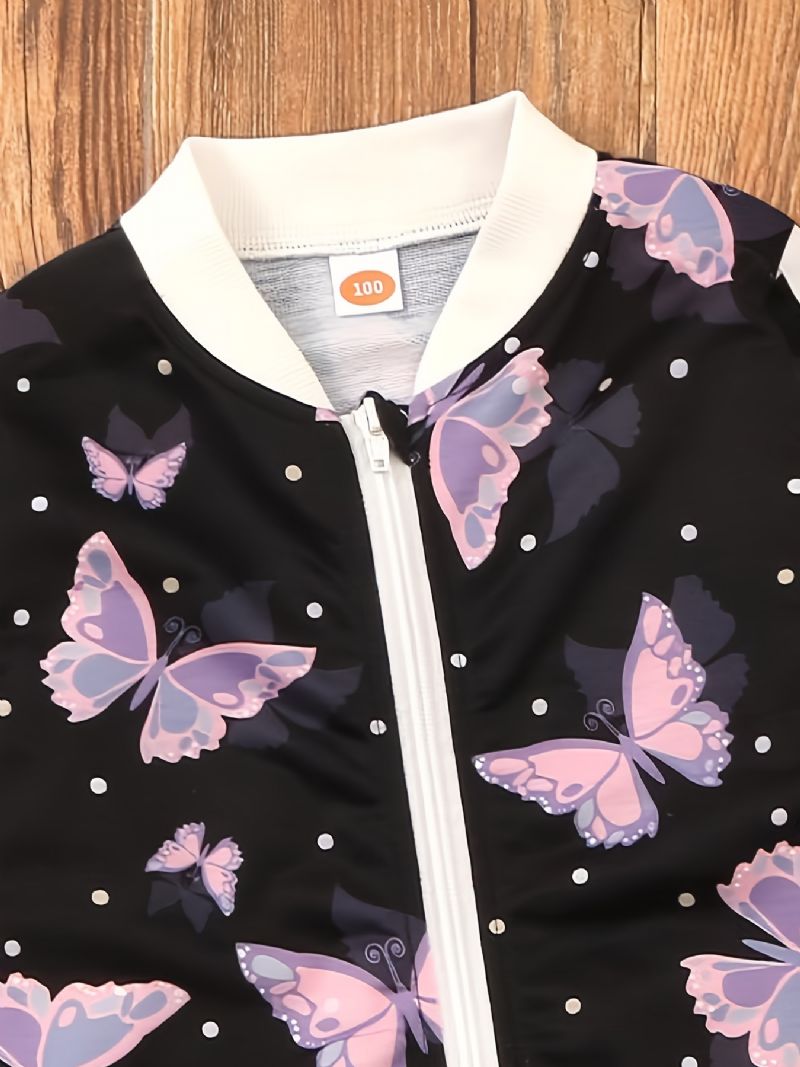 Piger Flower Butterfly Print Langærmet Lynlås Cardigan Jakke & Bukser Casual Sæt