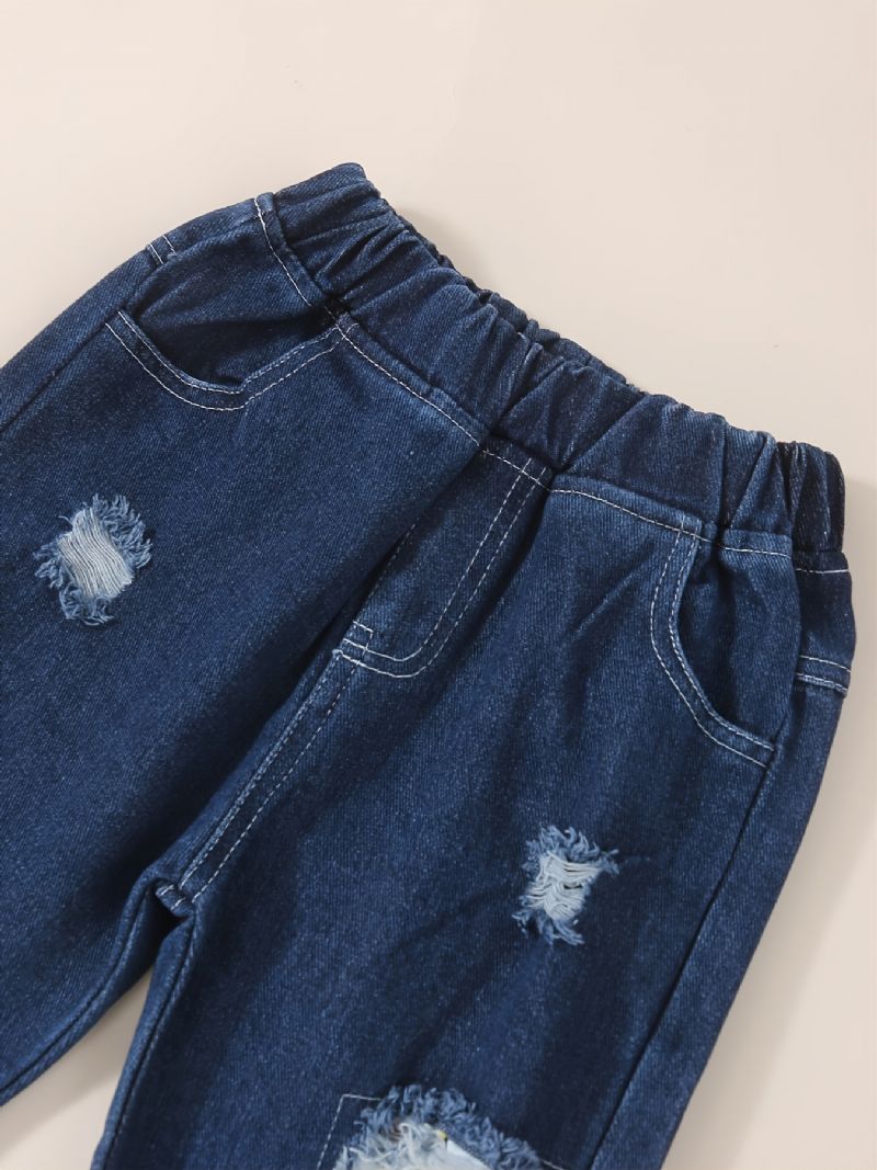 Piger Langærmet Rund Hals Top & Rippede Blomster Denim Bukser Sæt