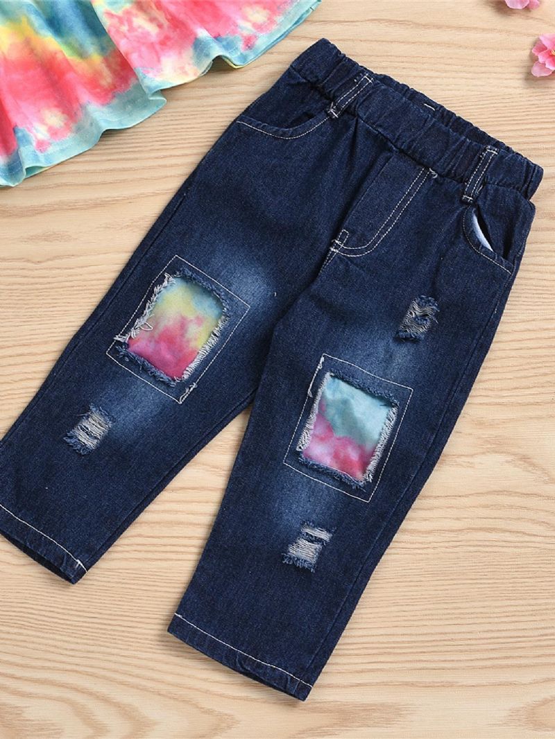 Piger Langærmet Tie-dye Top & Ripped Patchwork Jeanssæt
