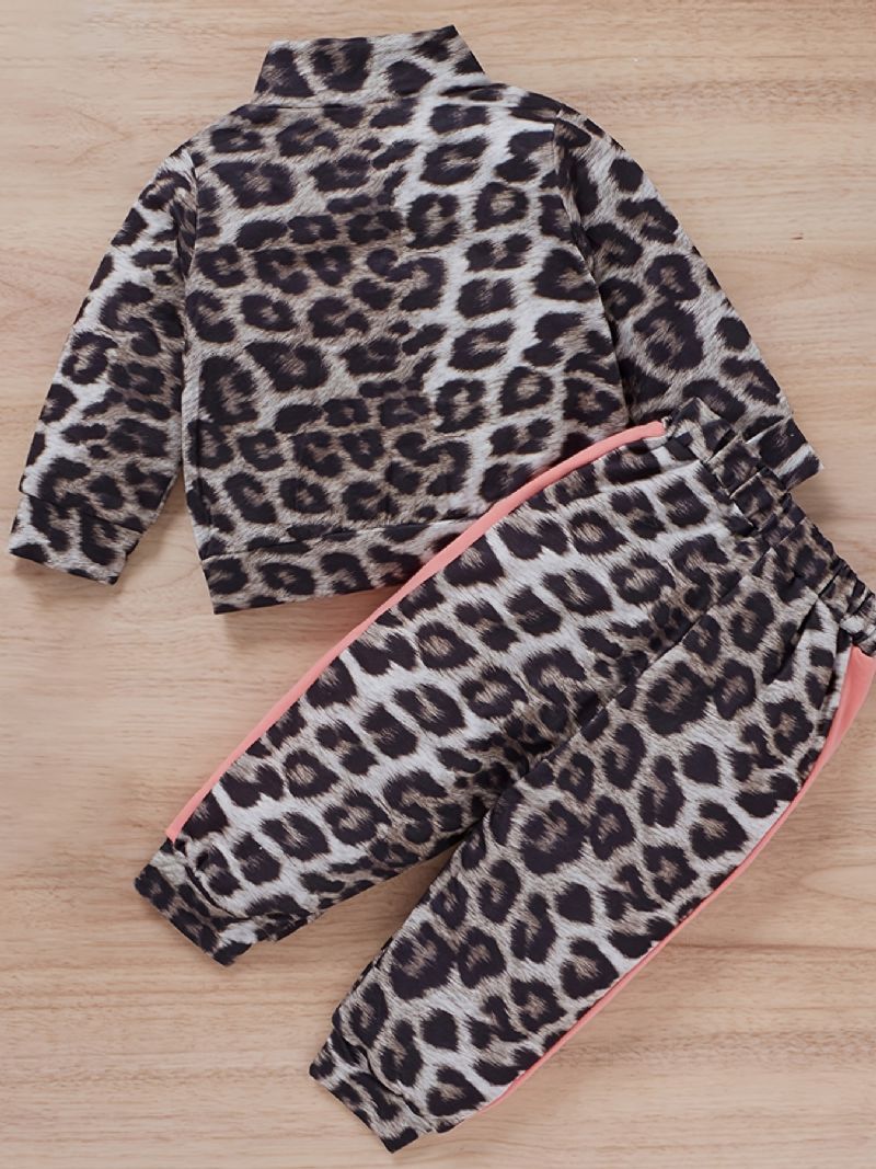 Piger Leopard Print Color Block Lynlås Sweatshirt + Bukser Sæt Babytøj