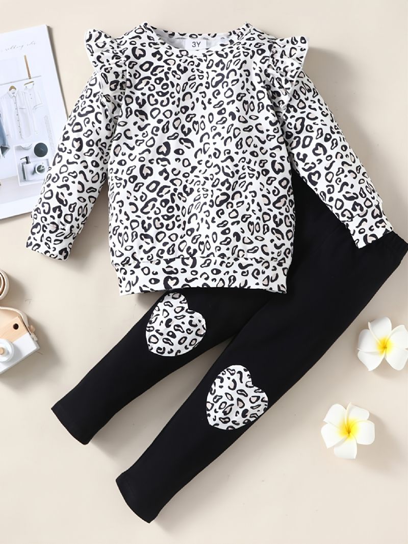 Piger Leopard Print Pullover Top + Hjerte Form Bukser Suit Baby Børnetøj