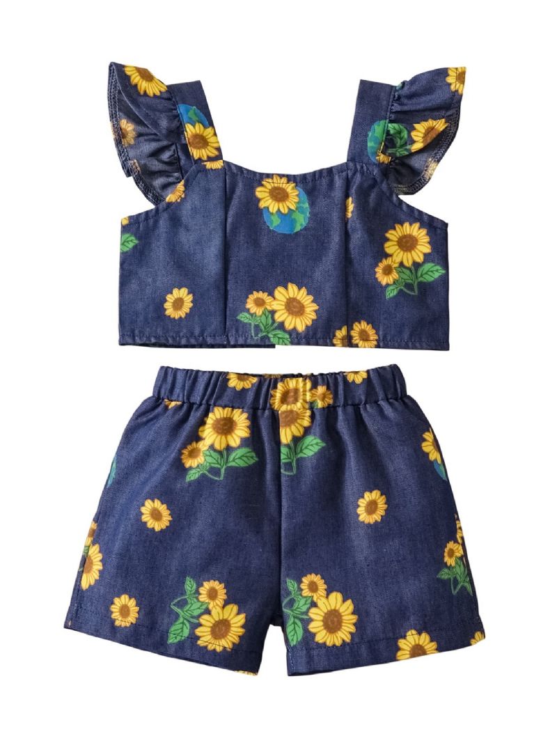 Piger Mode Blomsterprint Denim Top Shorts Sæt