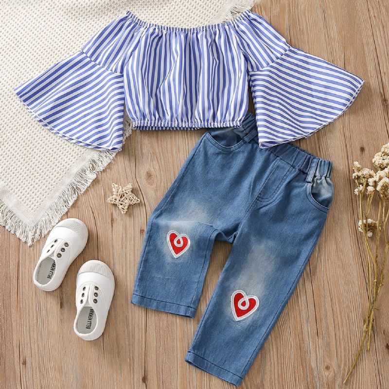 Piger One Shoulder Striped Flared Sleeve Top & Broderet Heart Denim Pants Set