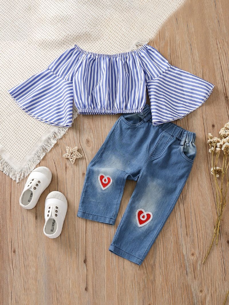 Piger One Shoulder Striped Flared Sleeve Top & Broderet Heart Denim Pants Set