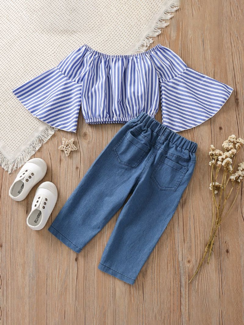 Piger One Shoulder Striped Flared Sleeve Top & Broderet Heart Denim Pants Set