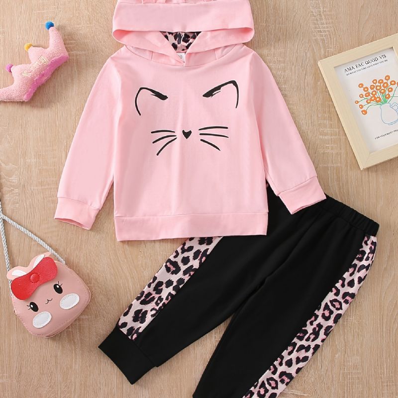 Piger Pink Cute Hooded Ear Langærmet Top Leopard Bukser Sæt