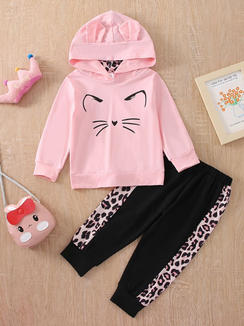 Piger Pink Cute Hooded Ear Langærmet Top Leopard Bukser Sæt