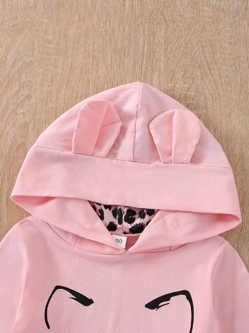 Piger Pink Cute Hooded Ear Langærmet Top Leopard Bukser Sæt