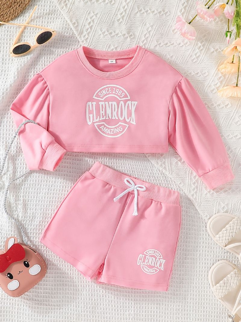 Piger Pink Langærmet Sweatshirt + Shorts Sæt Børnetøj