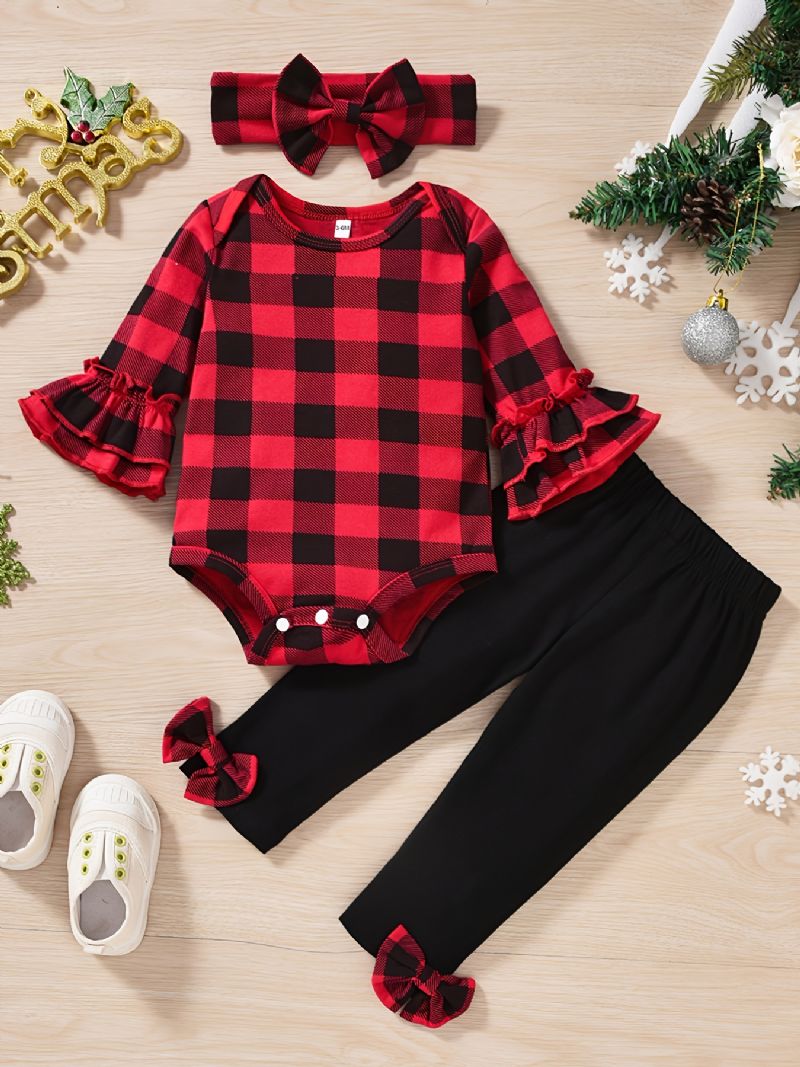 Piger Plaid Flared Sleeve Romper & Sorte Bukser & Pandebånd Sæt