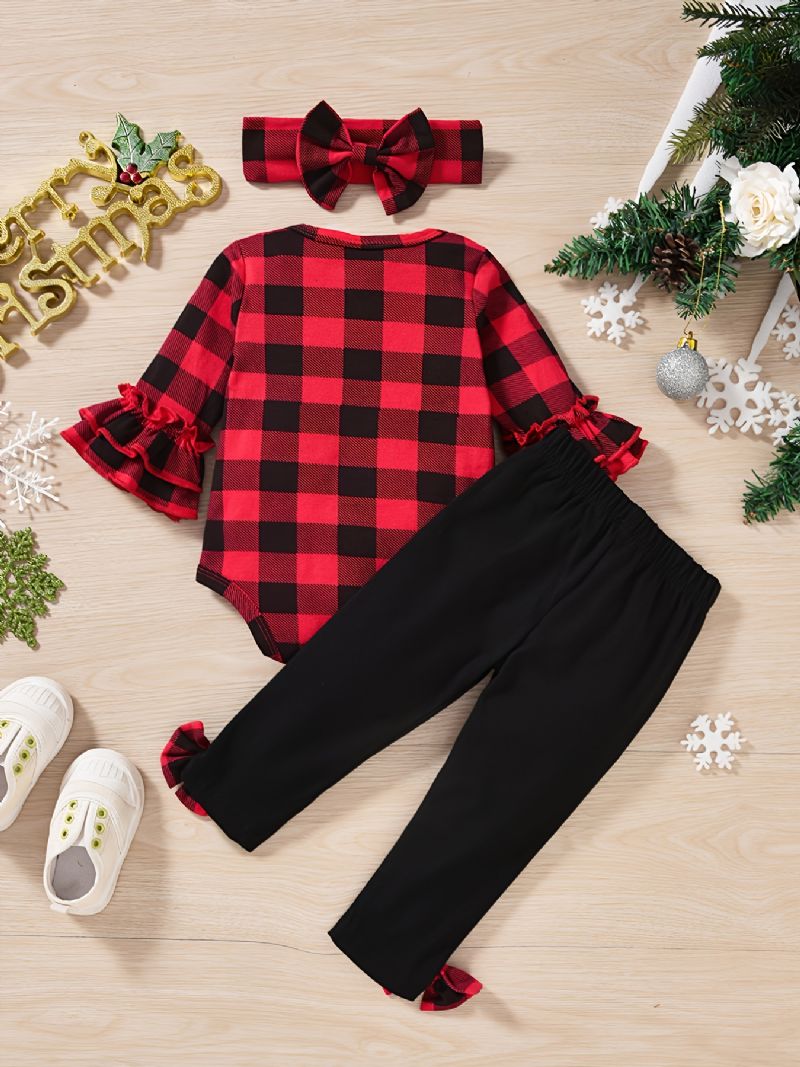 Piger Plaid Flared Sleeve Romper & Sorte Bukser & Pandebånd Sæt