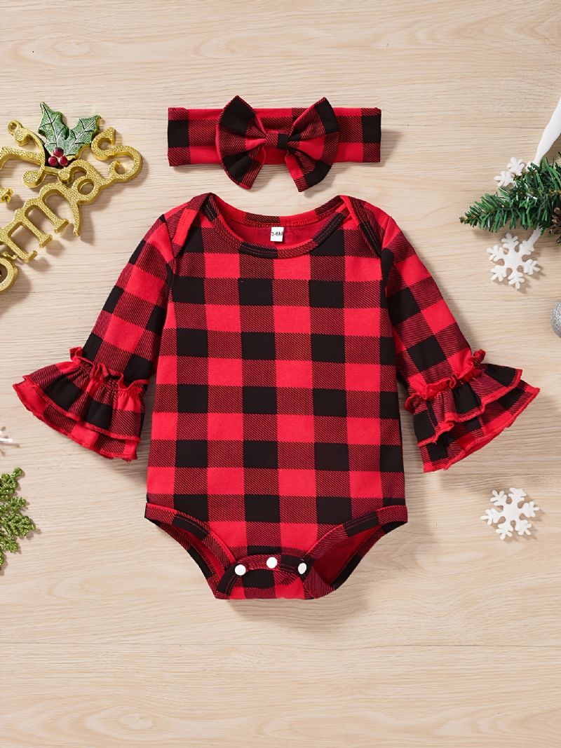 Piger Plaid Flared Sleeve Romper & Sorte Bukser & Pandebånd Sæt