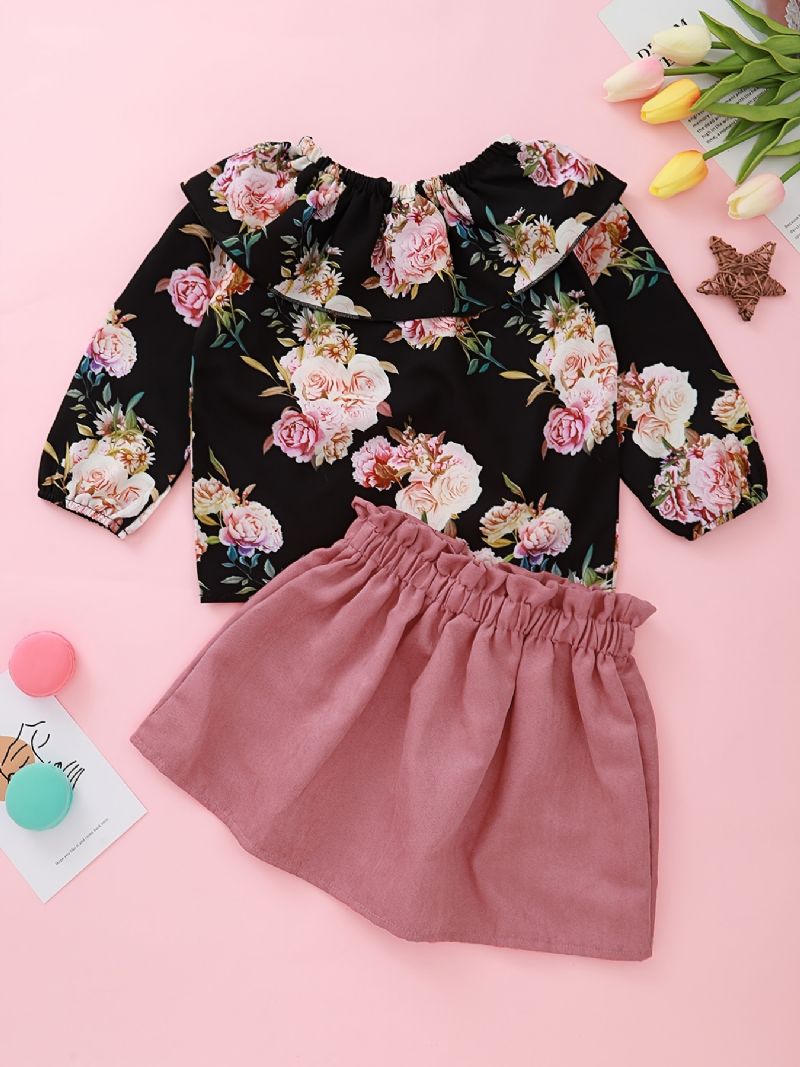 Piger Rose Print Off Shoulder Top + Solid Nederdel Sæt Børnetøj Outfits