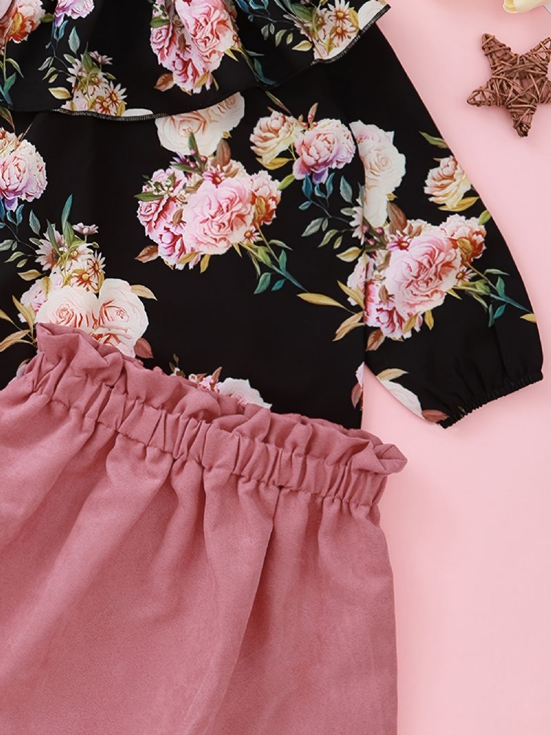 Piger Rose Print Off Shoulder Top + Solid Nederdel Sæt Børnetøj Outfits