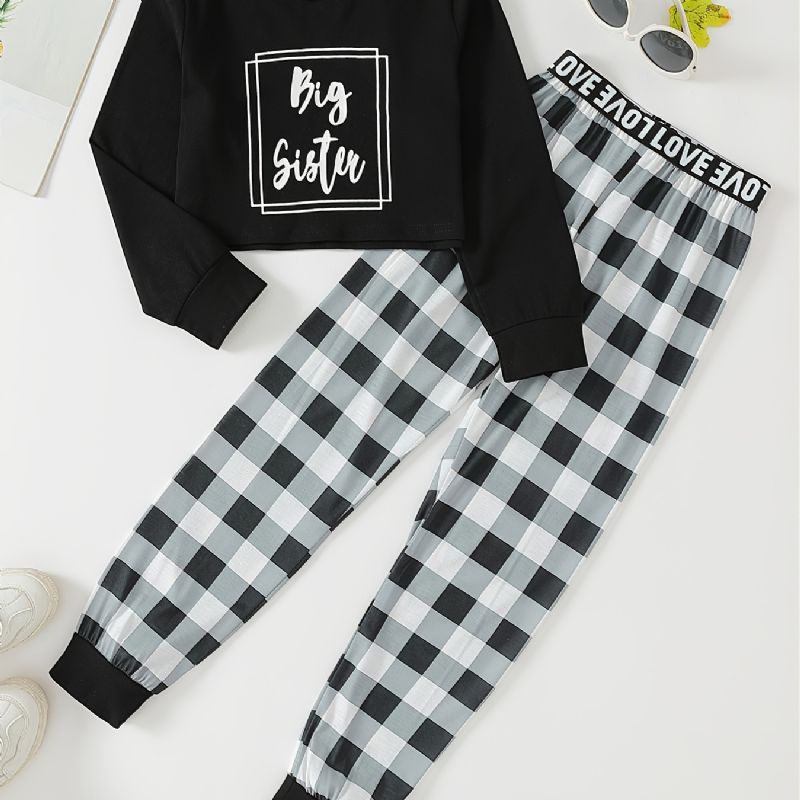 Piger Slogan Grafisk Pullover & Plaid Joggingbukser