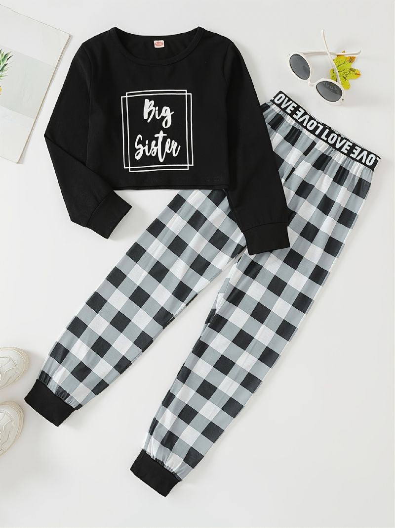 Piger Slogan Grafisk Pullover & Plaid Joggingbukser