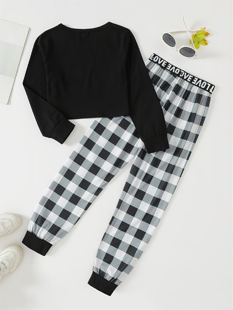 Piger Slogan Grafisk Pullover & Plaid Joggingbukser