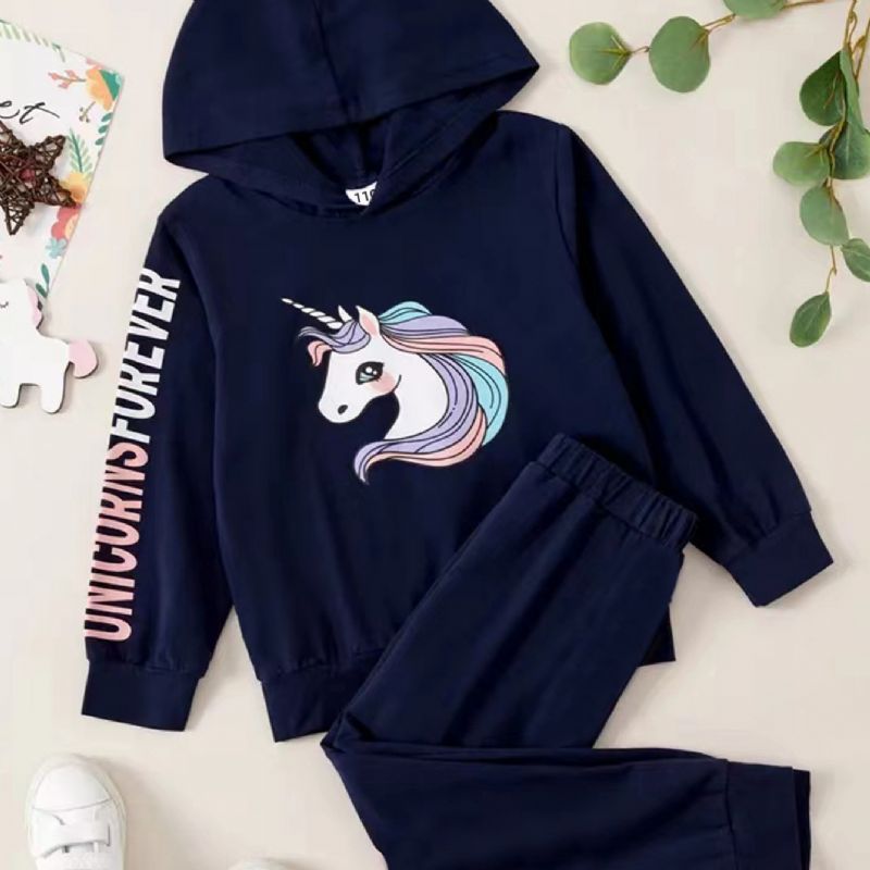 Piger Unicorn Print Mode Casual Hættetrøje & Leggings Sæt