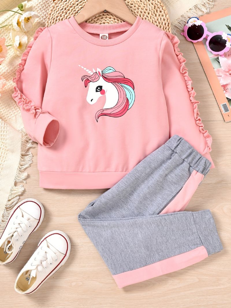 Piger Unicorn Trim Langærmet Sweatshirt + Matchende Colorblock Sweatpants Sæt Til Vinter Børnetøj