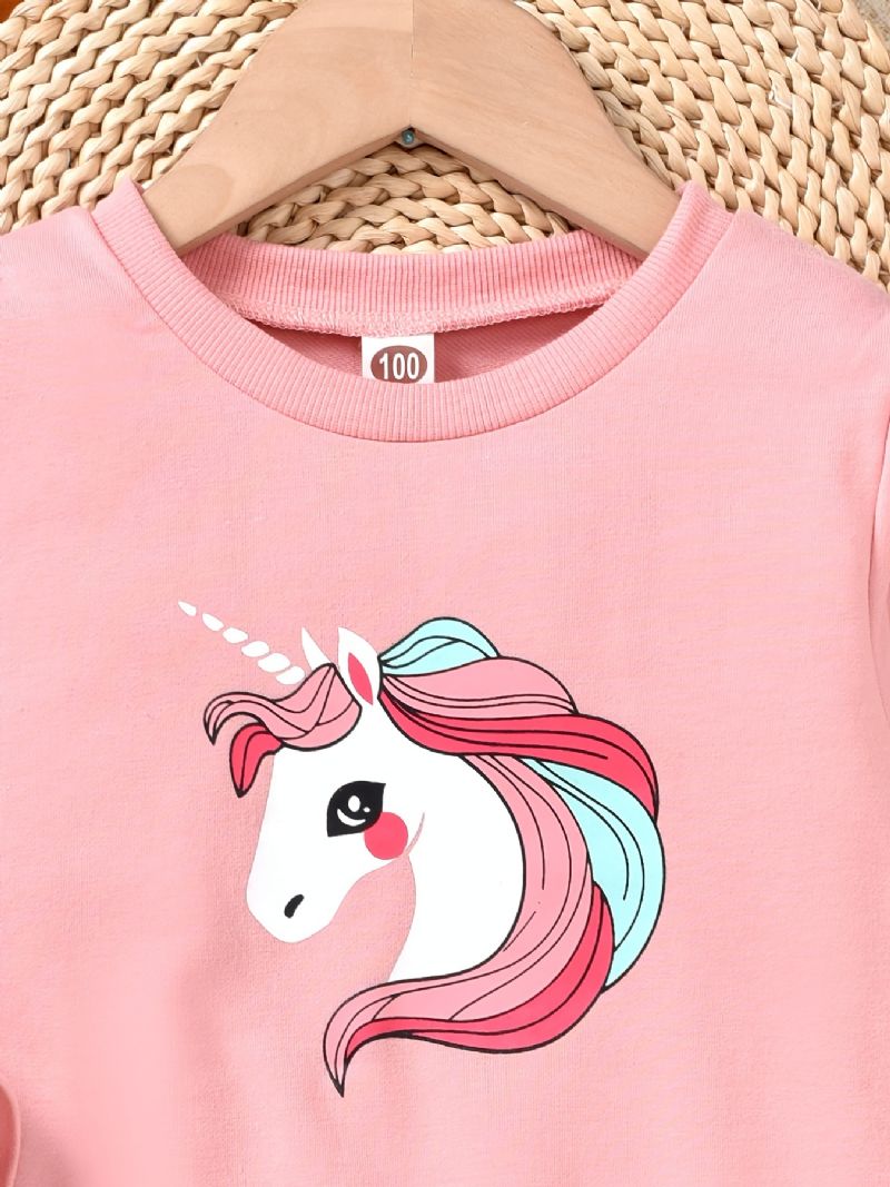 Piger Unicorn Trim Langærmet Sweatshirt + Matchende Colorblock Sweatpants Sæt Til Vinter Børnetøj