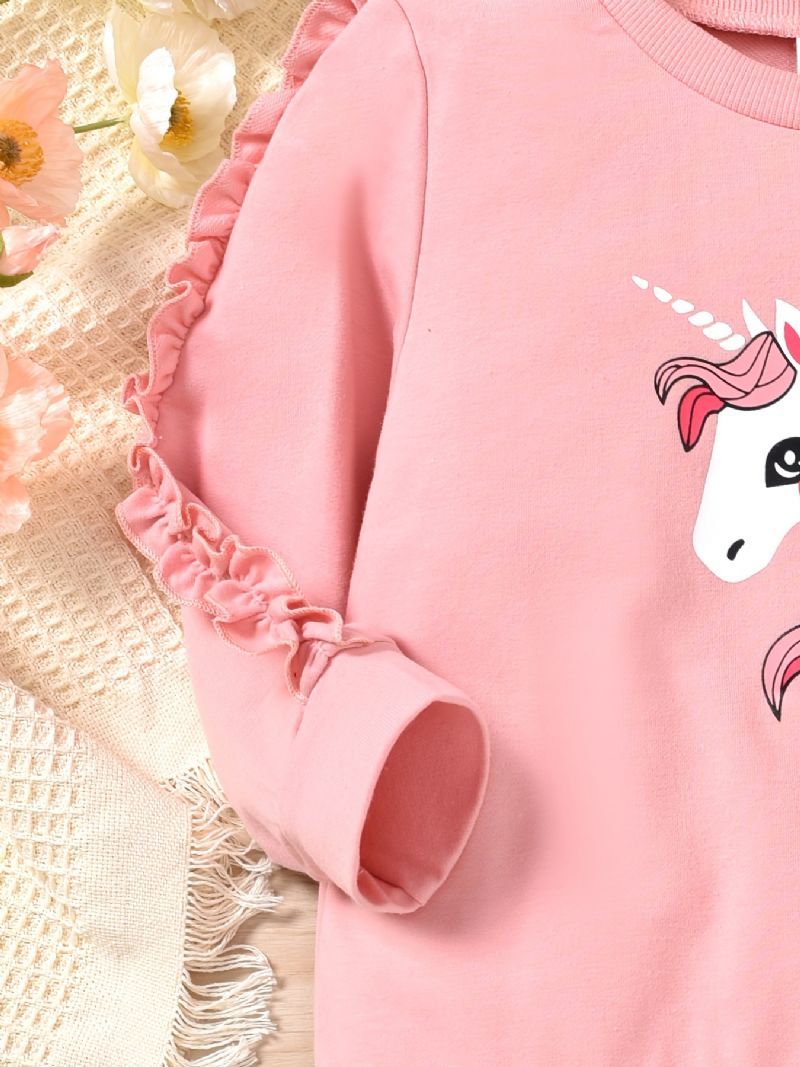 Piger Unicorn Trim Langærmet Sweatshirt + Matchende Colorblock Sweatpants Sæt Til Vinter Børnetøj