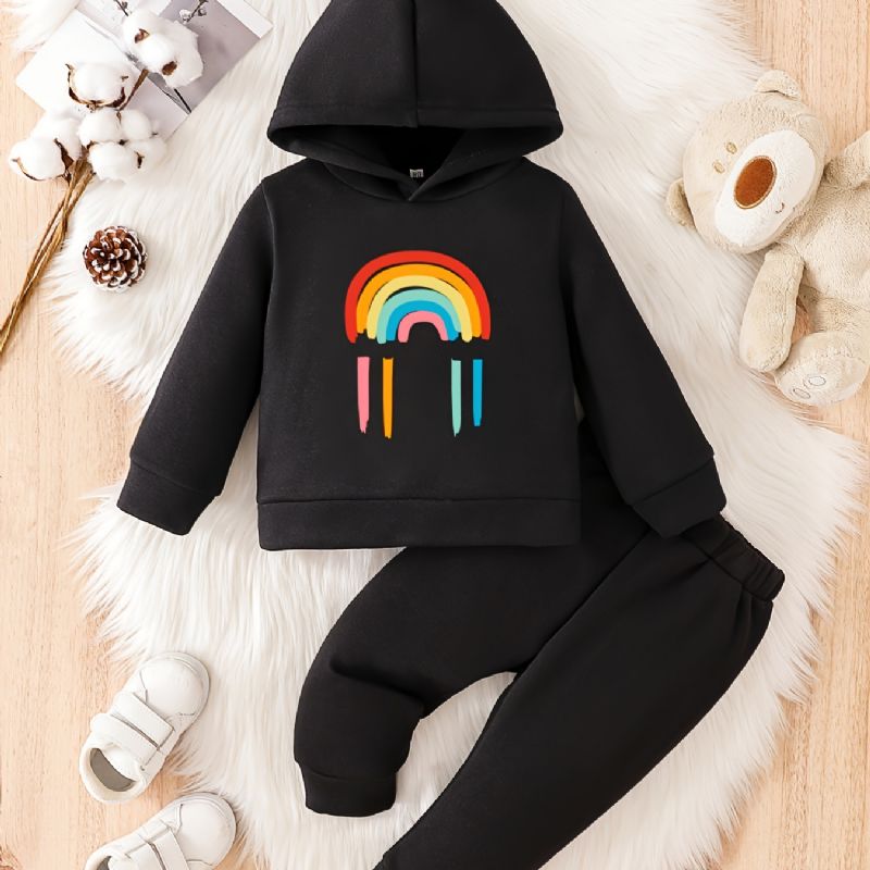 Småbørn Baby Regnbuetryk Fleece Varm Hættetrøje Sweatshirt Bukser Sæt Til Drenge Piger Efterår Vinter