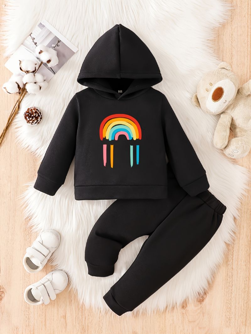 Småbørn Baby Regnbuetryk Fleece Varm Hættetrøje Sweatshirt Bukser Sæt Til Drenge Piger Efterår Vinter