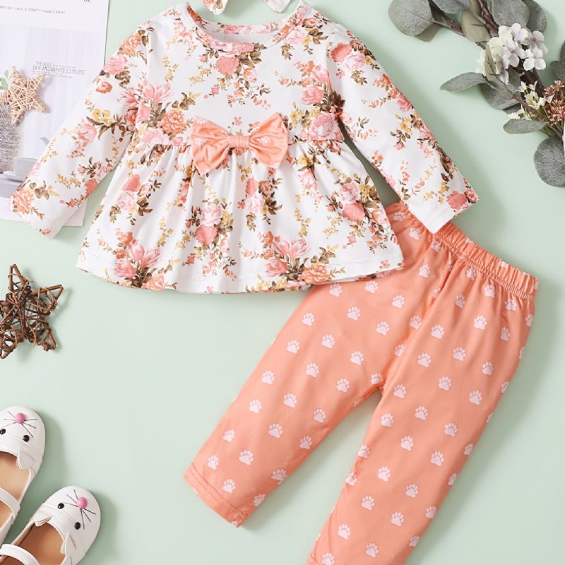 Småbørn Spædbørn Baby Piger Langærmede Blomster Top Printede Bukser + Pandebånd Babytøj Sæt Outfits