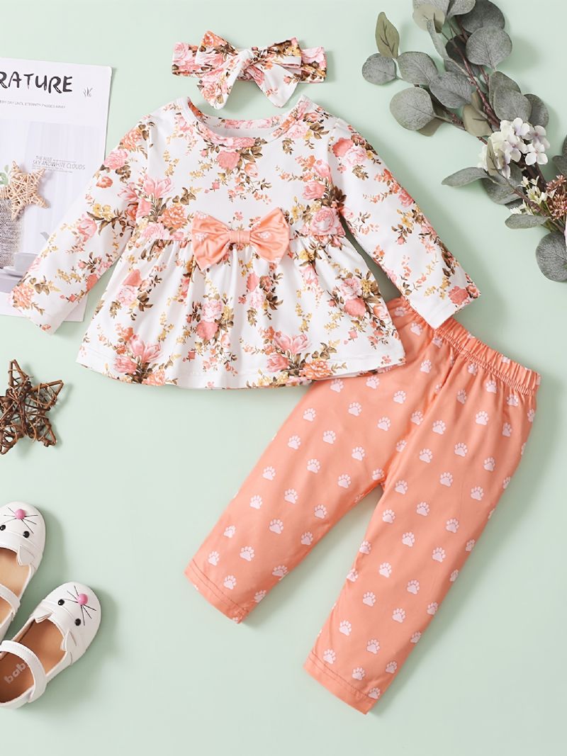 Småbørn Spædbørn Baby Piger Langærmede Blomster Top Printede Bukser + Pandebånd Babytøj Sæt Outfits