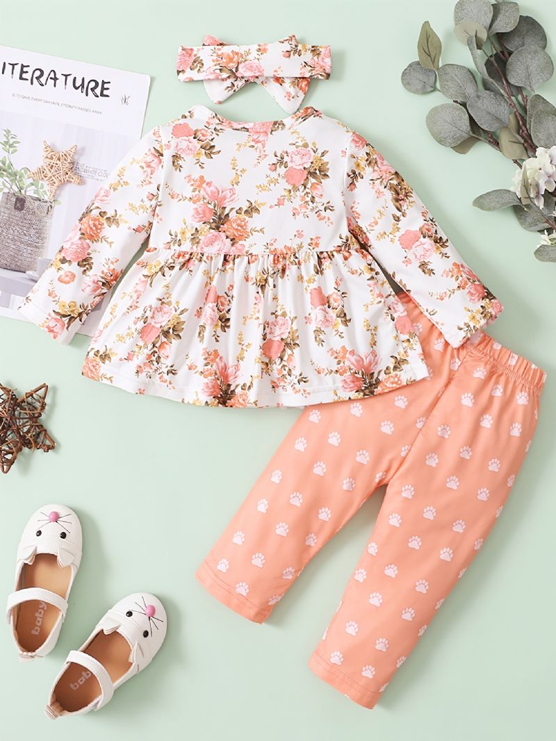 Småbørn Spædbørn Baby Piger Langærmede Blomster Top Printede Bukser + Pandebånd Babytøj Sæt Outfits