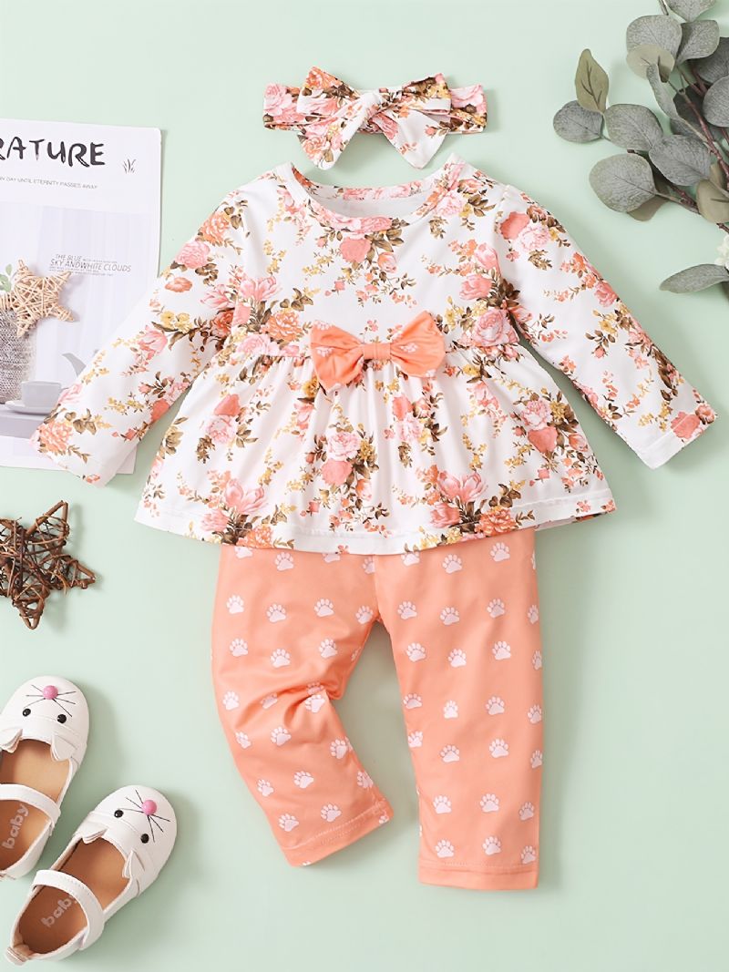 Småbørn Spædbørn Baby Piger Langærmede Blomster Top Printede Bukser + Pandebånd Babytøj Sæt Outfits