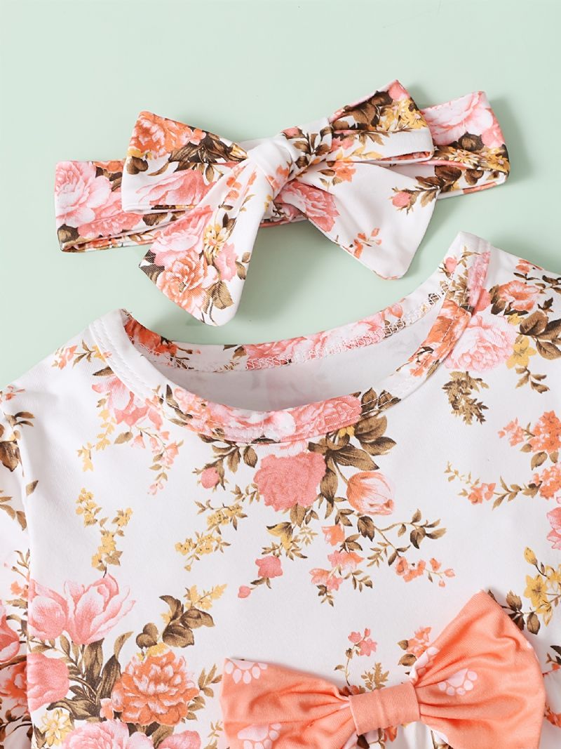 Småbørn Spædbørn Baby Piger Langærmede Blomster Top Printede Bukser + Pandebånd Babytøj Sæt Outfits