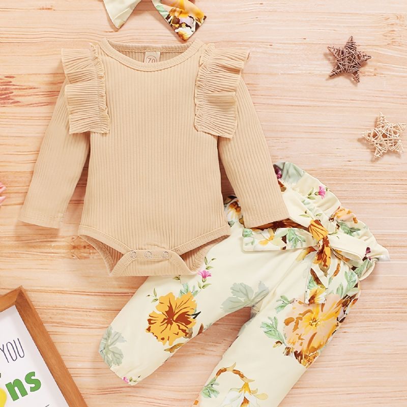 Spædbørn Baby Piger Blomsterprint Onesie Romper Bukser Bow Pandebånd Sæt