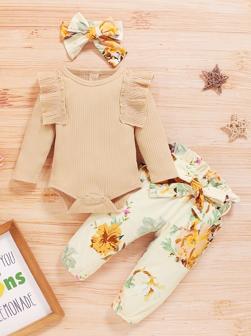 Spædbørn Baby Piger Blomsterprint Onesie Romper Bukser Bow Pandebånd Sæt