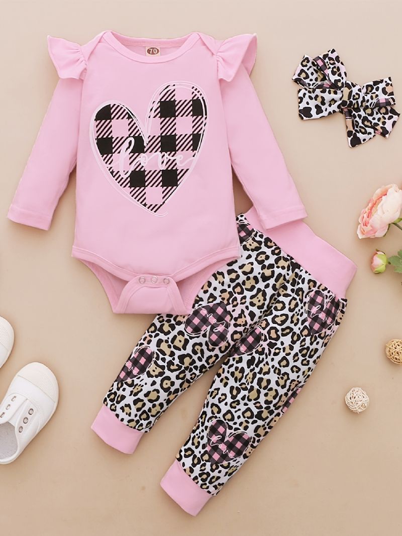 Spædbørn Baby Piger Hjerter Brevtryk Romper Langærmet Bodysuit & Leopard Bukser & Pandebånd Sæt