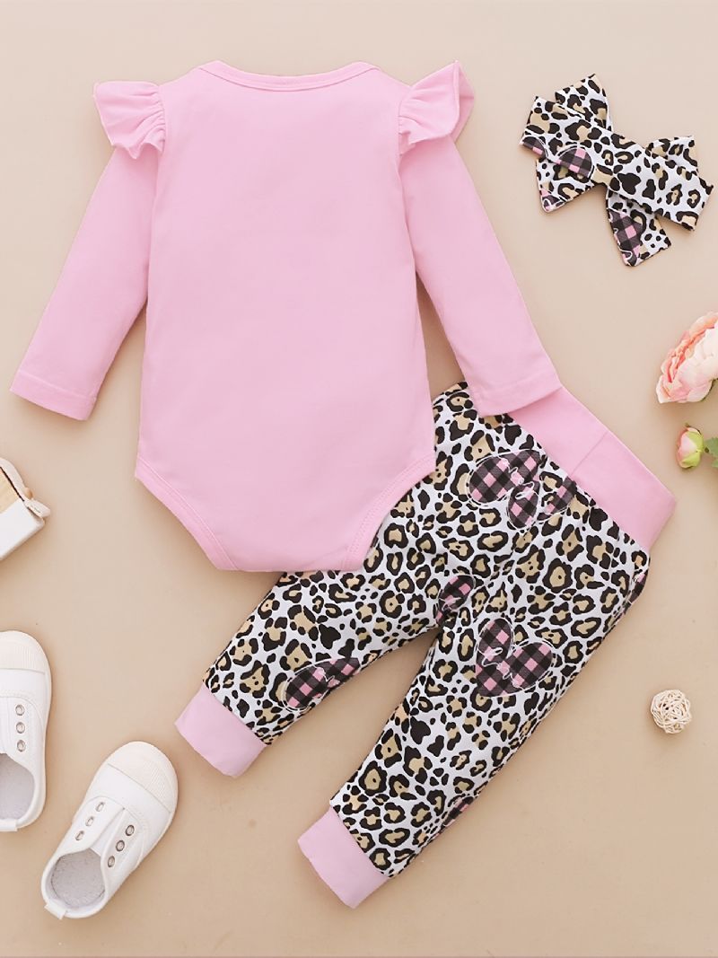 Spædbørn Baby Piger Hjerter Brevtryk Romper Langærmet Bodysuit & Leopard Bukser & Pandebånd Sæt