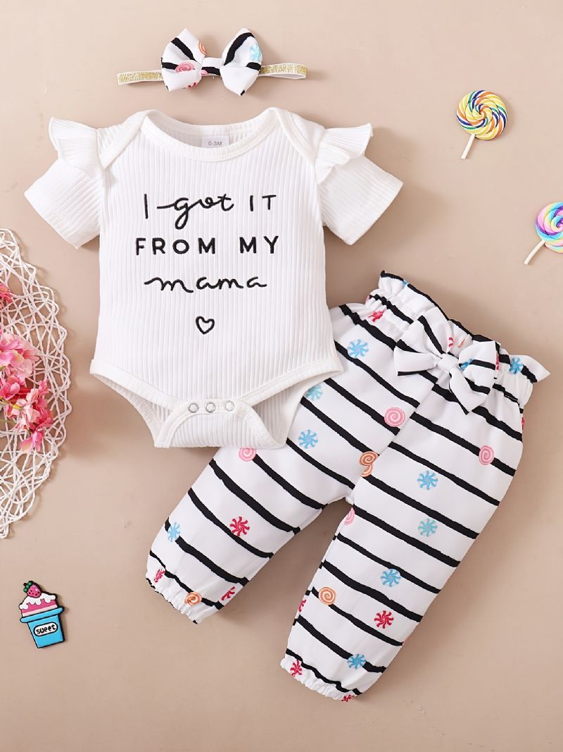 Toddler Baby Letter Print Bodysuit Rompers Med Sløjfe Pandebånd Til Piger